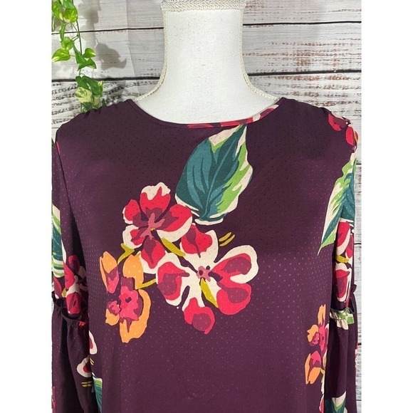Ann Taylor Loft Tunic Dress Small Burgundy Green Floral Tropical Wedding Church - Picture 4 of 9